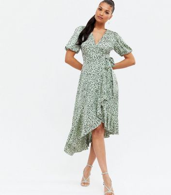 Green Spot Satin Ruffle Midi Wrap Dress | New Look